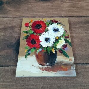 Original Floral Oil Painting Impasto Textured Red White Flowers Canvas 8x10